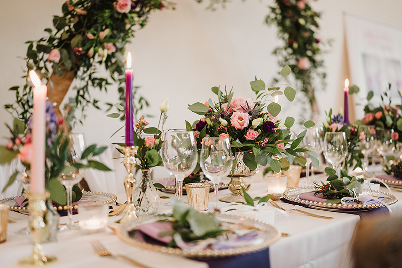 Pink and Purple Wedding table setting in Northamptonshire